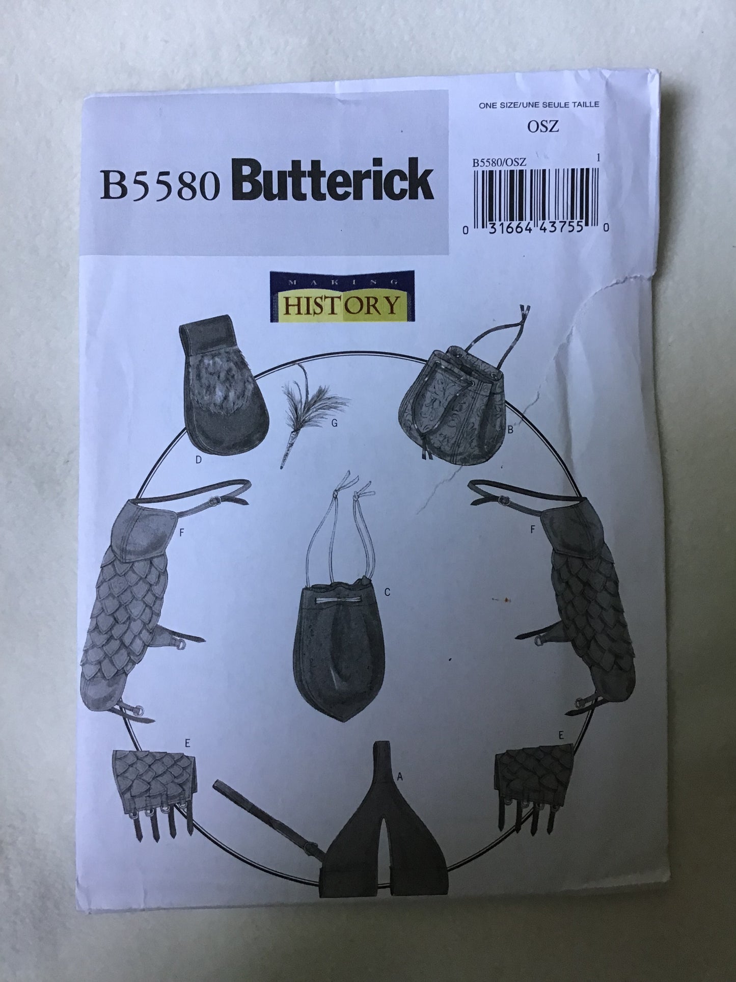 Pattern Butterick B5580 Making History Sword Holder, Bags, Pouch, Bracers, Shoulder Covers, and Feather Pin