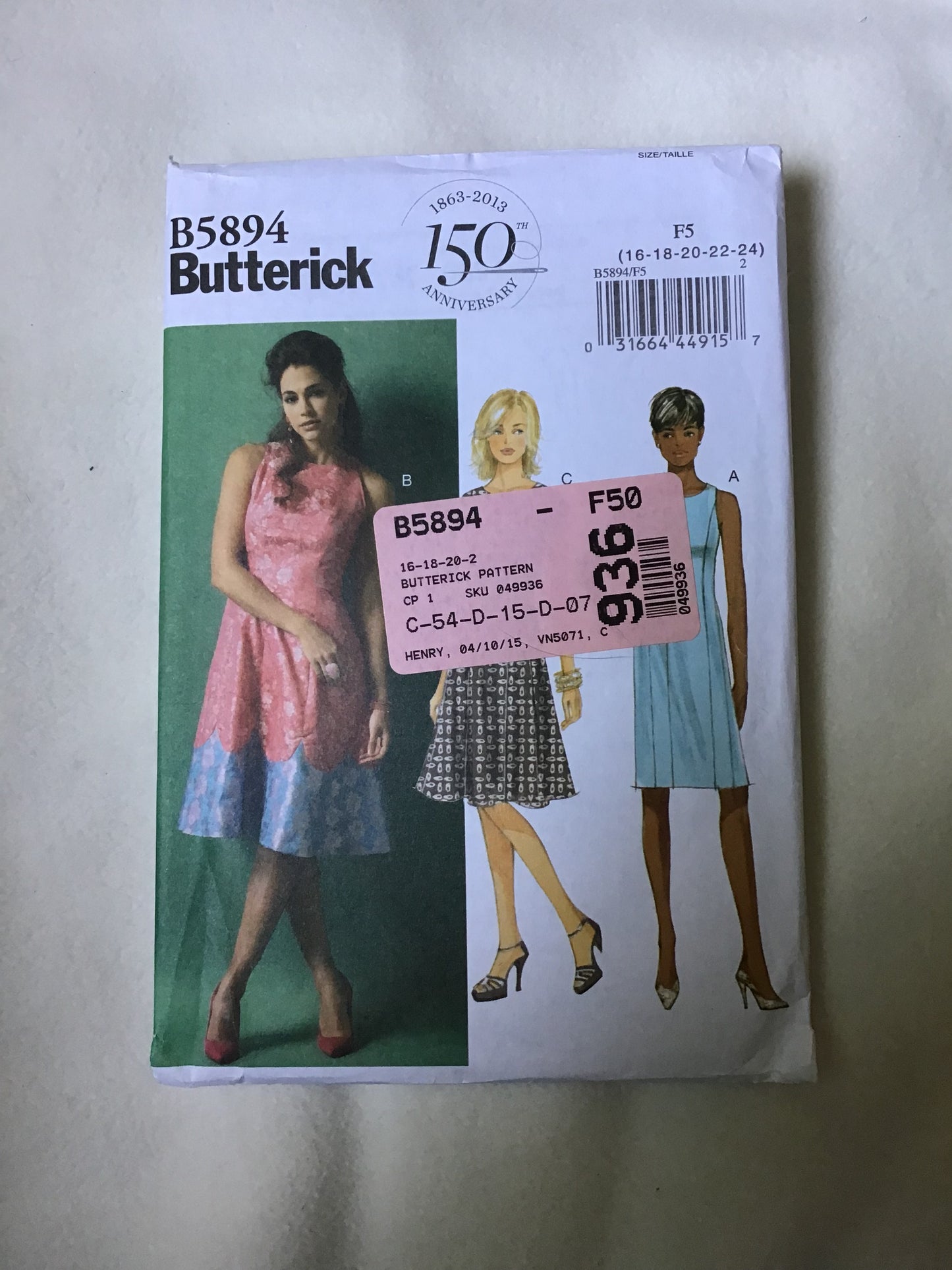 Pattern Butterick B5894 Women's Dress Size 16-24