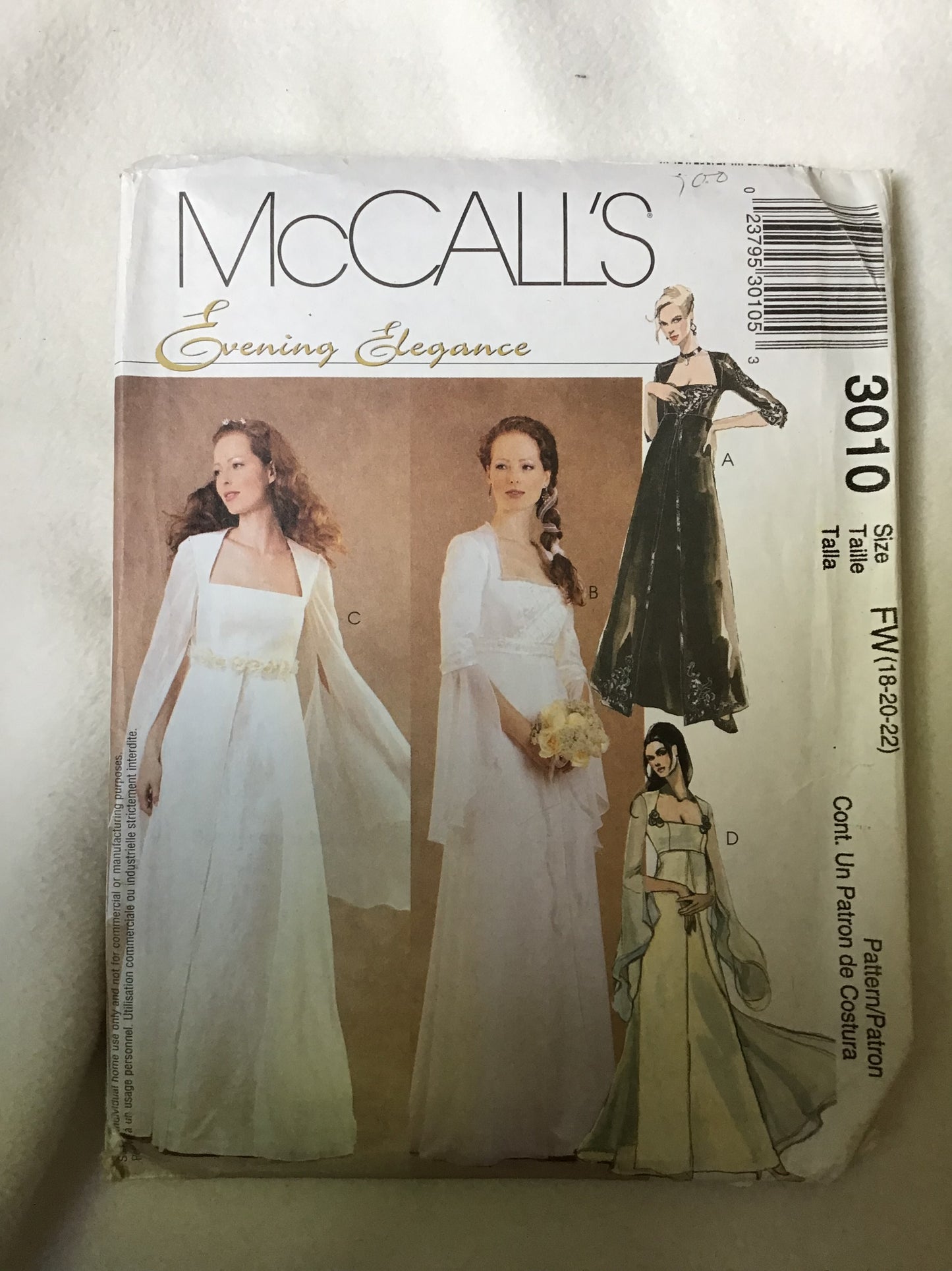 Pattern McCall's 3010 Miss Lined Bridal Gown and Bridesmaids Dress Size 18-22