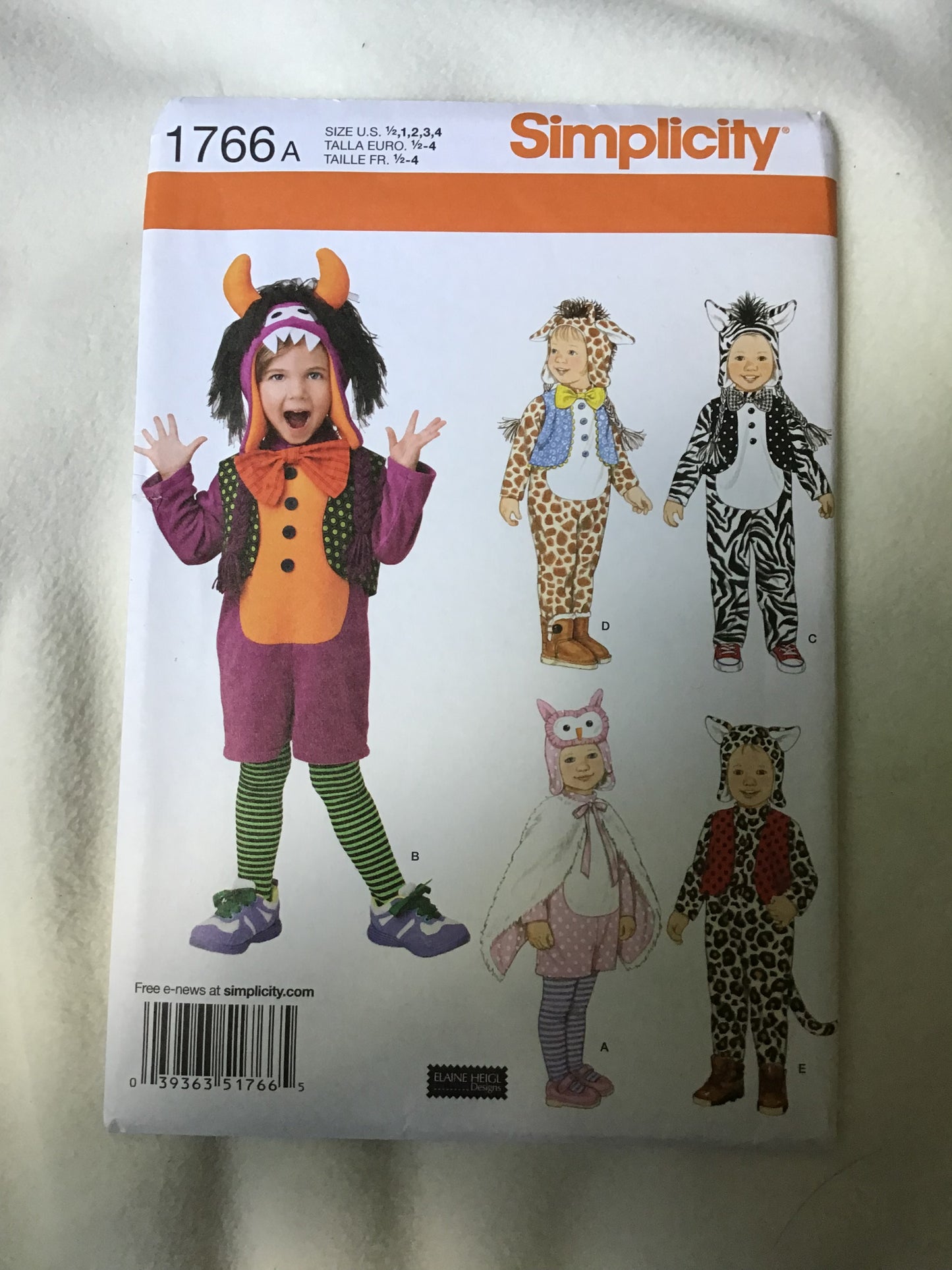 Pattern Simplicity 1766 Toddler's Animal Costumes & Hats Size 1/2 - 4