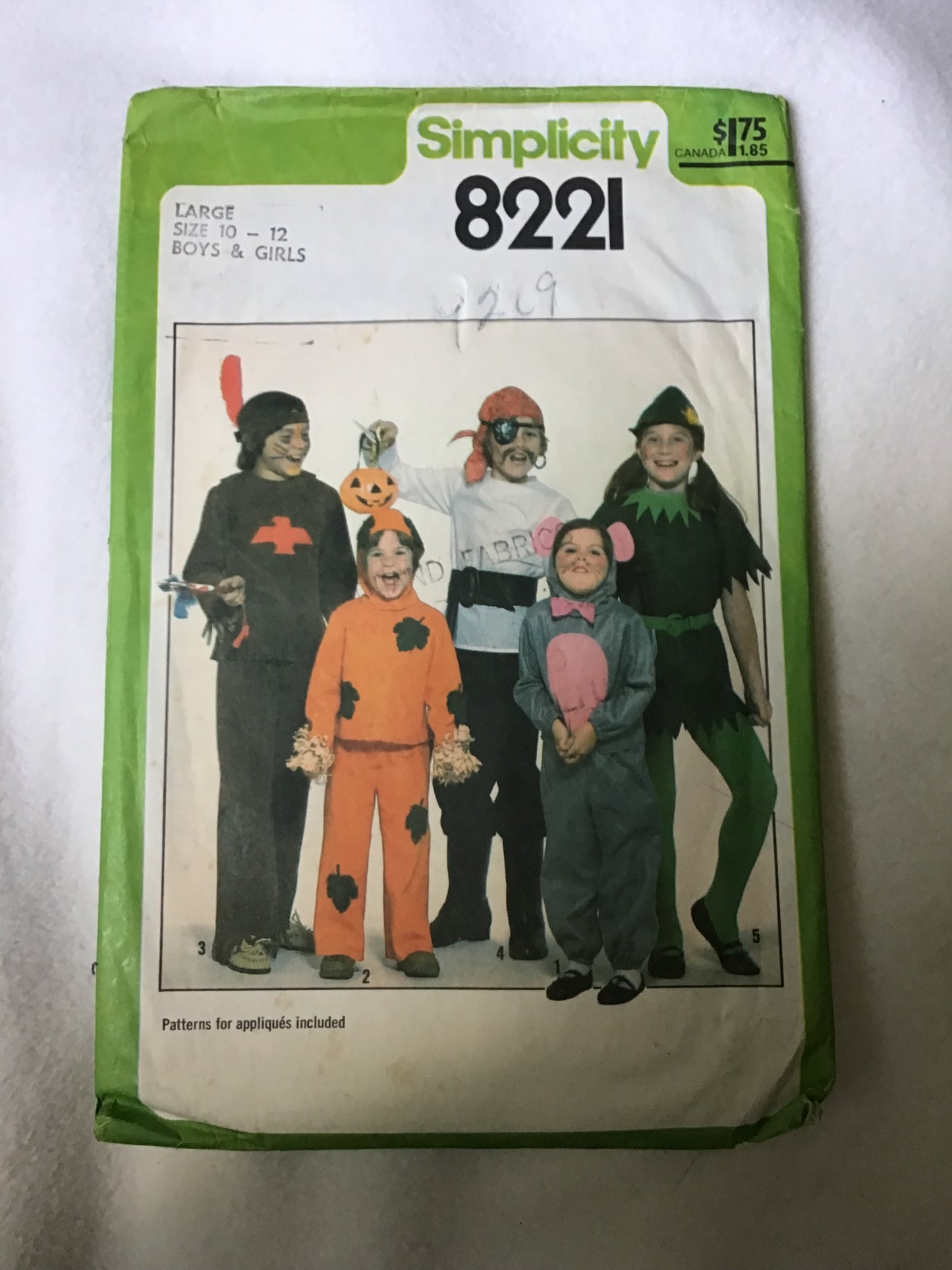 Pattern Simplicity 8221 Mouse, Pumpkin, Native American, Pirate, Elf Costume Size 10-12
