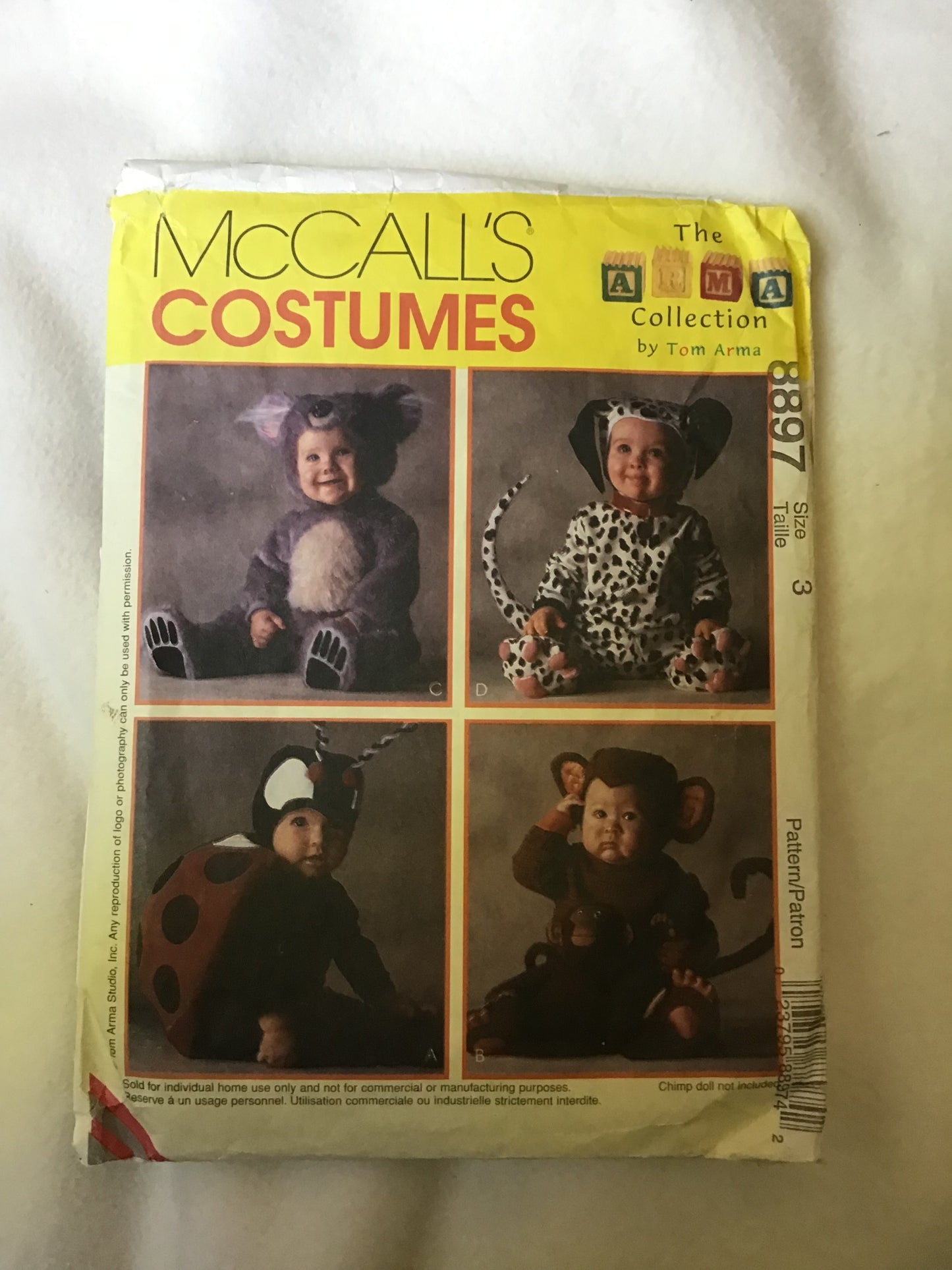 Pattern McCall's 8897 Lady Bug, Monkey, Koala Bear & Dalmatian Costume Toddler Size 3