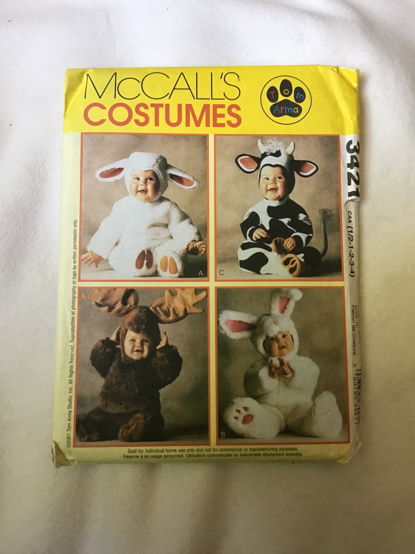 Pattern McCall's 3421 Lamb, Bunny, Cow & Moose Jumpsuit Costume Toddler Size 1/2 - 4