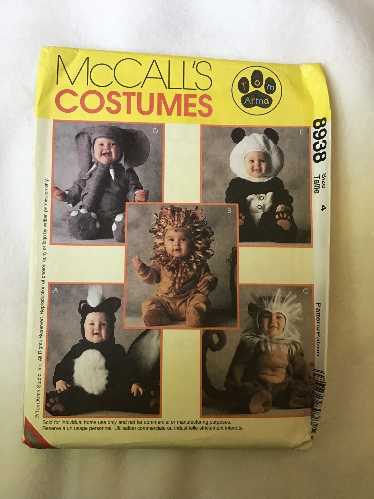 Pattern McCall's 8938 Skunk, Lion, Monkey, Elephant, Panda Jumpsuit Costume Toddler Size 4