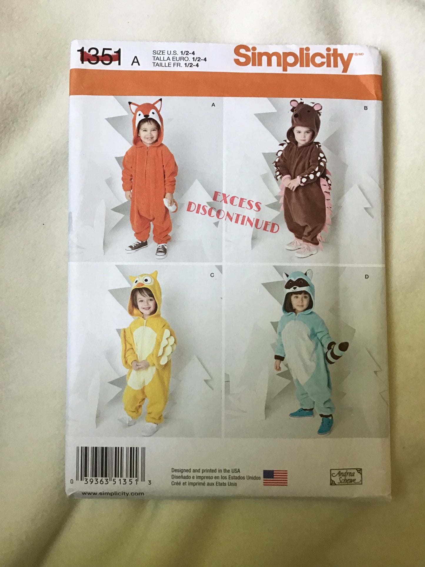 Pattern Simplicity 1351 Toddlers' Fox, Hedgehog, Owl & Raccoon Fleece Jumpsuit Size 1/2-4