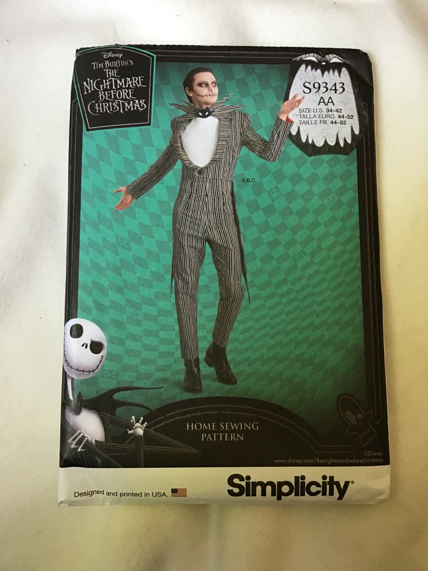 Pattern Simplicity S9343 Disney Nightmare Before Christmas Men's Costume Size 34-42