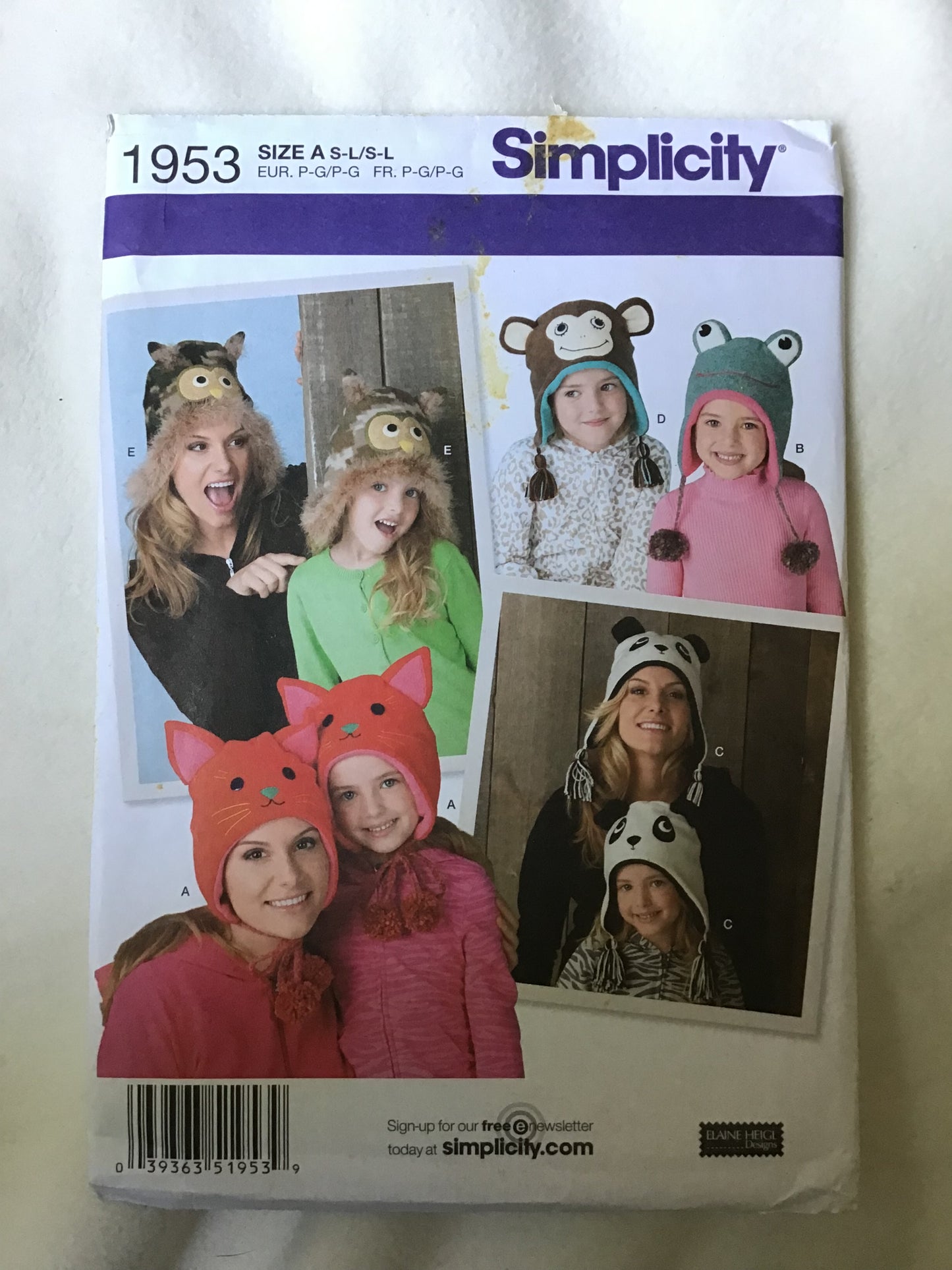 Pattern Simplicity 1953 Adult & Children's Fleece Animal Hats Size S-L