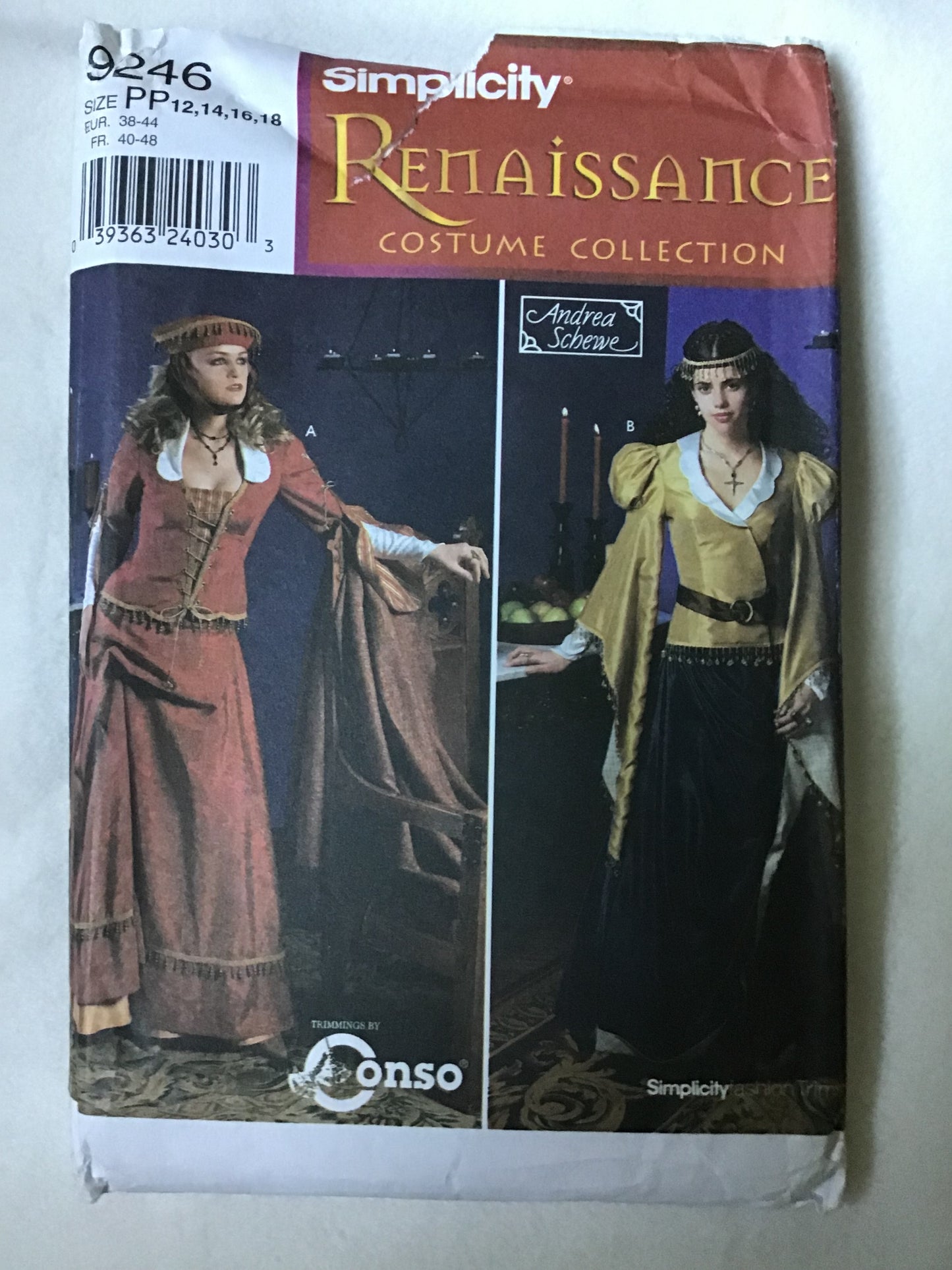 Pattern Simplicity 9246 Renaissance Costume Collection Andrea Schewe Size 12-18