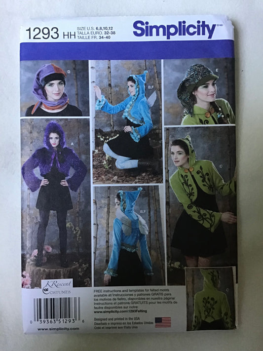 Pattern Simplicity 1293 Women's Fairy Jacket, Hat, Wings, and Lined Jacket Size 6-12