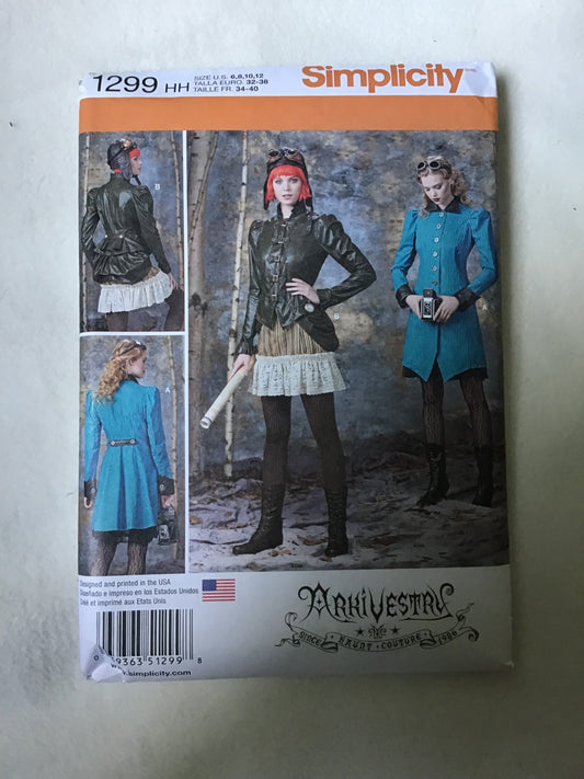 Pattern Simplicity 1299 Arki Vestry Women's Steampunk Coat, Jacket, Bustle and Ruffled Skirt Size 6-12