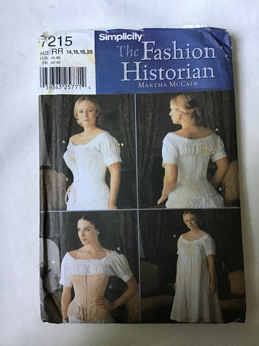 Pattern Simplicity 7215 The Fashion Historian Martha McCain Women's Chemise and Corset Size 6-20