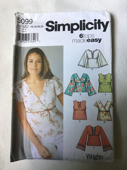 Pattern Simplicity 5099 6 Tops Made Easy Women's Pullover Tops Size 8-22