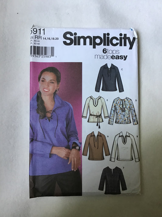 Pattern Simplicity 5911 6 Tops Made Easy Women's Pullover Top Size 6-20