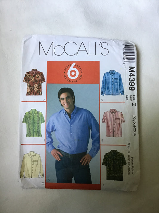 Pattern McCall's M4399 6 Great Looks, One Easy Pattern Men's Shirts Size 34-56