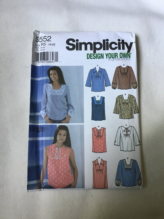 Pattern Simplicity 5552 Design Your Own 8 Great Looks Women's Pullover Top Size 6-22