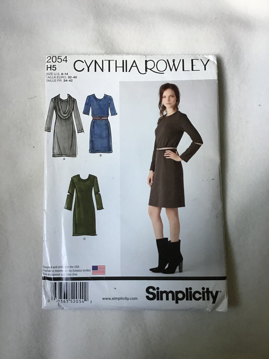 Pattern Simplicity 2054 Cynthia Rowley Women's Knit Dress and Cowl-Collar Size 6-14