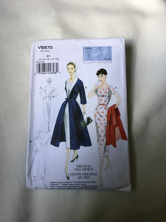 Pattern Vogue V8875 Vintage Women's Dress, Belt, Coat and Collar Size 8-16
