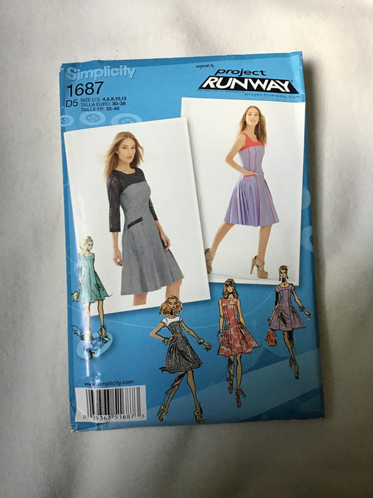 Pattern Simplicity 1687 Project Runway Women's Dress with Bodice and Sleeve Variations Size 4-12