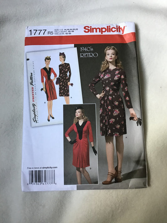 Pattern Simplicity 1777 1940's Retro Women's Dress Size 14-22