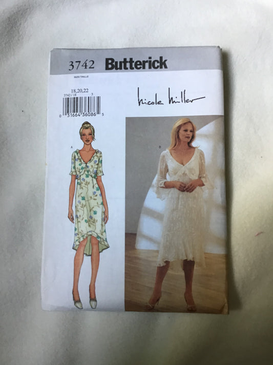 Pattern Butterick 3742 Nicole Miller Women's Dress Size 6-22