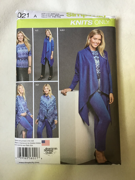 Pattern Simplicity 8021 Knit Top, Pants and Cardigan Size XXS-XXL