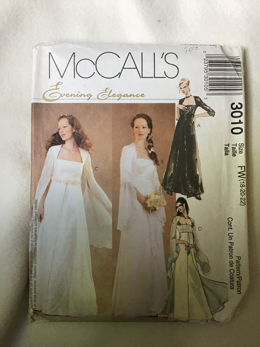 Pattern McCall's 3010 Miss Lined Bridal Gown and Bridesmaids Dress Size 18-22