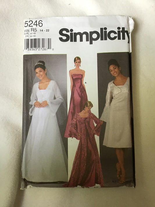 Pattern Simplicity 5246 Misses' Evening Dress & Coat with Train or Jacket Bridal Size 14-22