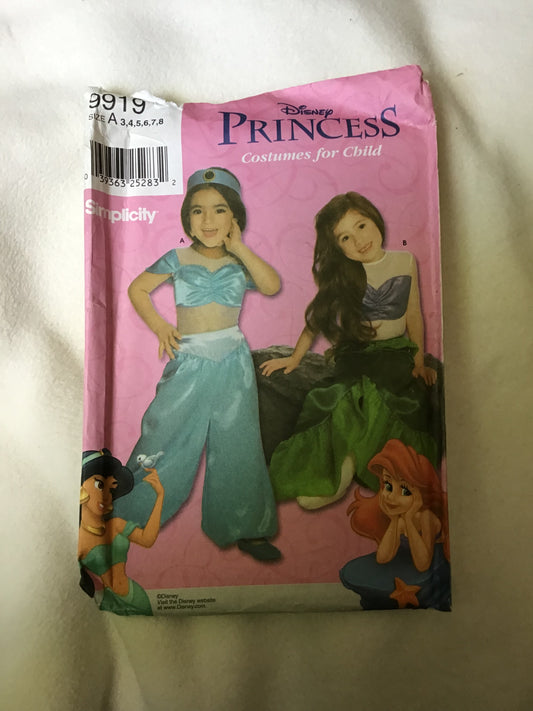 Pattern Simplicity 9902 Disney Princess Jasmine & Ariel Costumes Girls Size 3-8