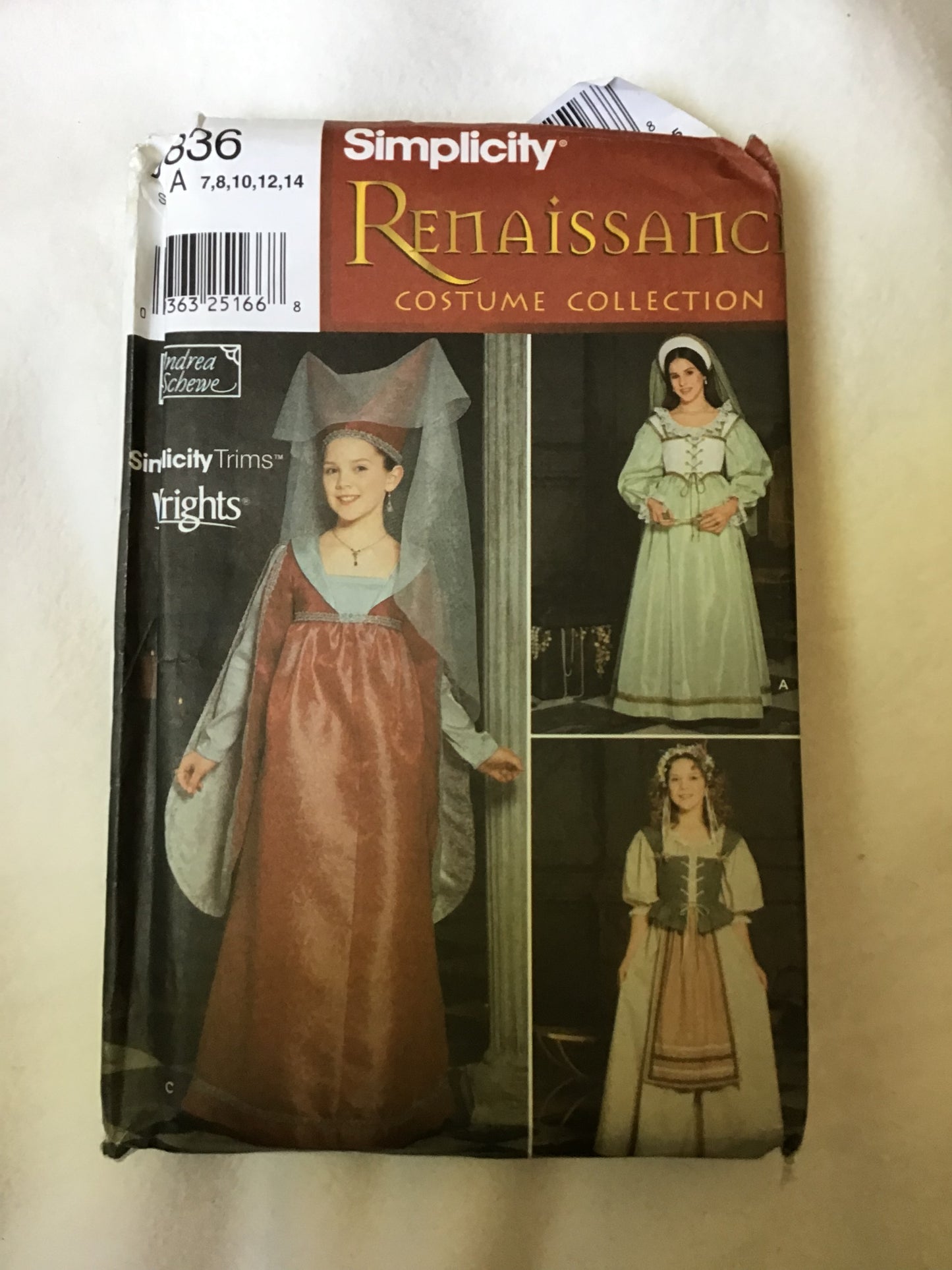 Pattern Simplicity 9836 Girls Renaissance Gowns, Vest & Hat Costume Size 7-14
