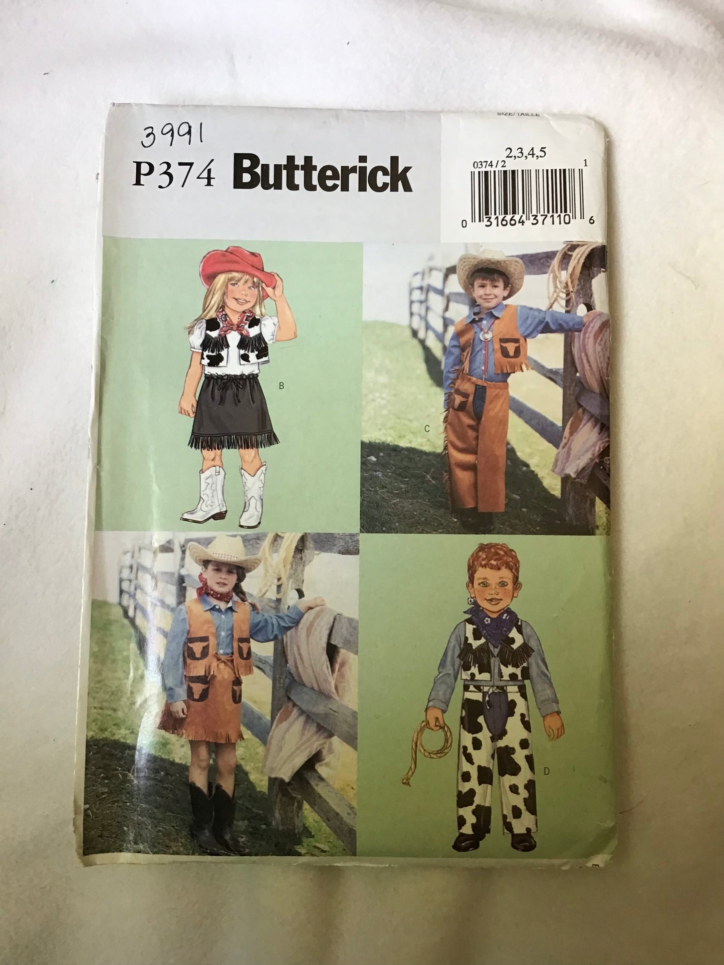 Pattern Butterick P374 or 3991 Children's Cowboy & Cowgirl Costumes Size 2-5 OOP Rare