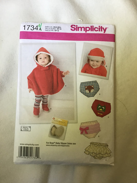 Pattern Simplicity 1734 Babies' Poncho, Diaper Cover, Hat & Booties Size XS-L