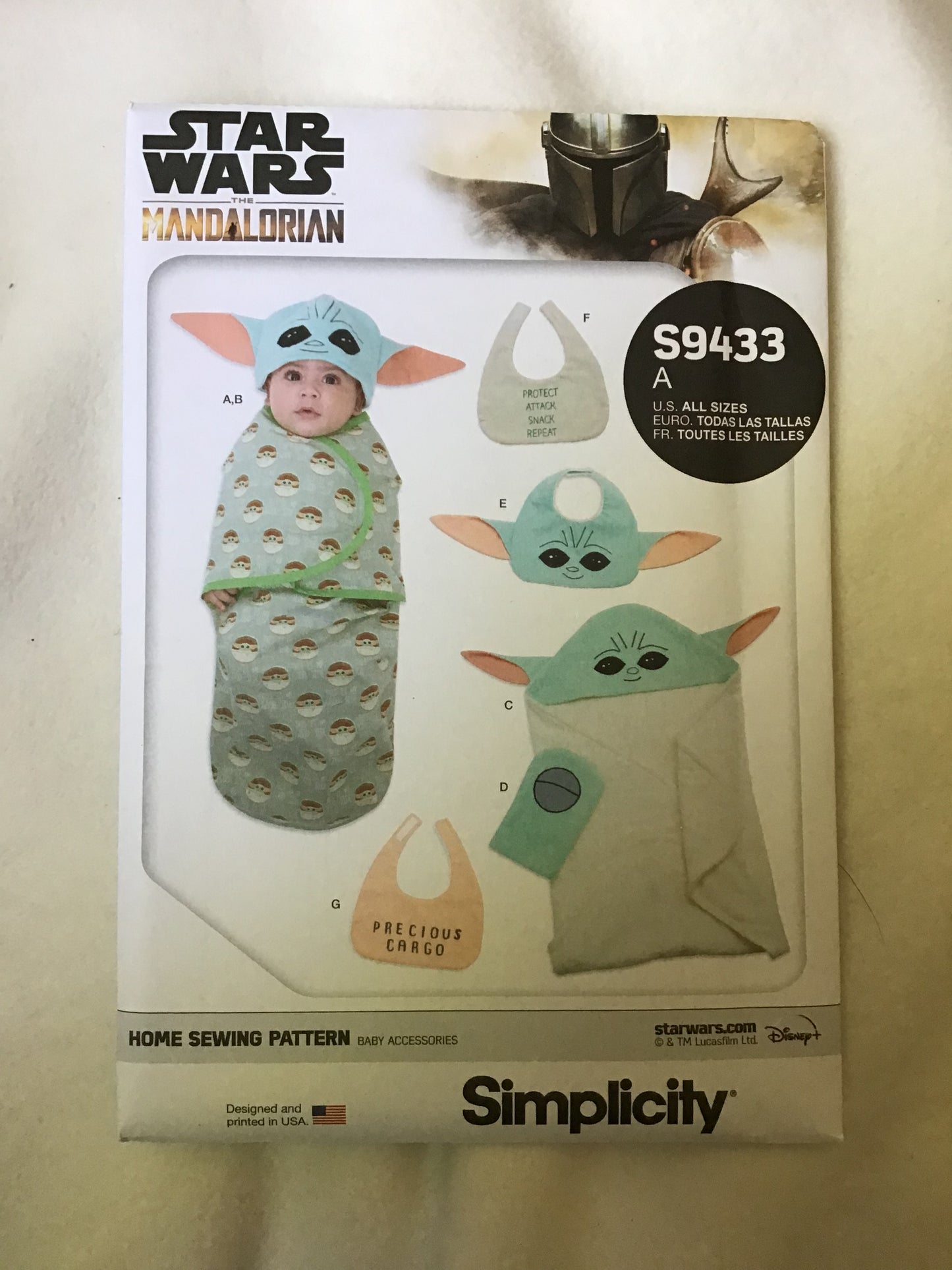 Pattern Simplicity S9433 Star Wars Mandalorian Baby Yoda Swaddle Sack, Towel & Bib