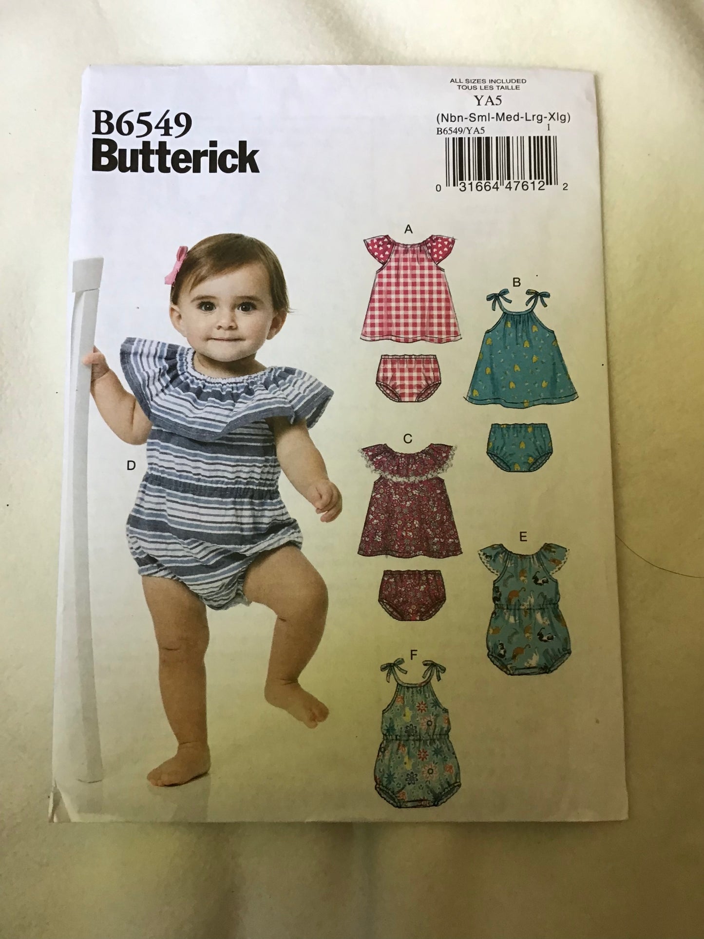 Pattern Butterick B6539 Infants Romper, Dress & Panties Size NB-XL