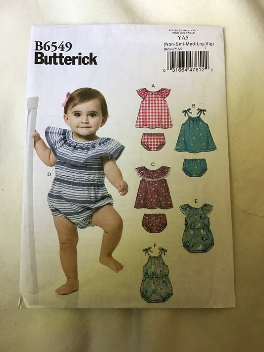 Pattern Butterick B6539 Infants Romper, Dress & Panties Size NB-XL