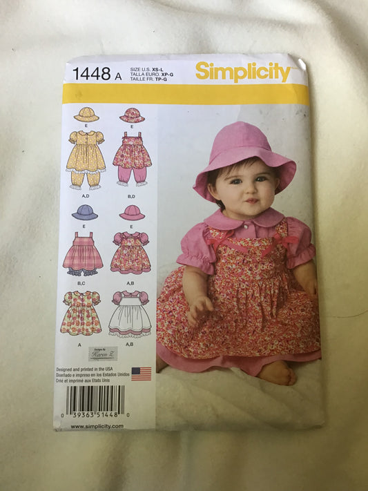 Pattern McCall's 1448 Babies' Dress, Pinafore, Pantaloons & Hat Size XS-L