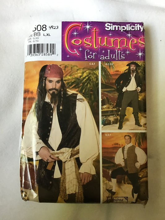 Pattern Simplicity 0508 4923 Men's Pirate Costume Size L, XL
