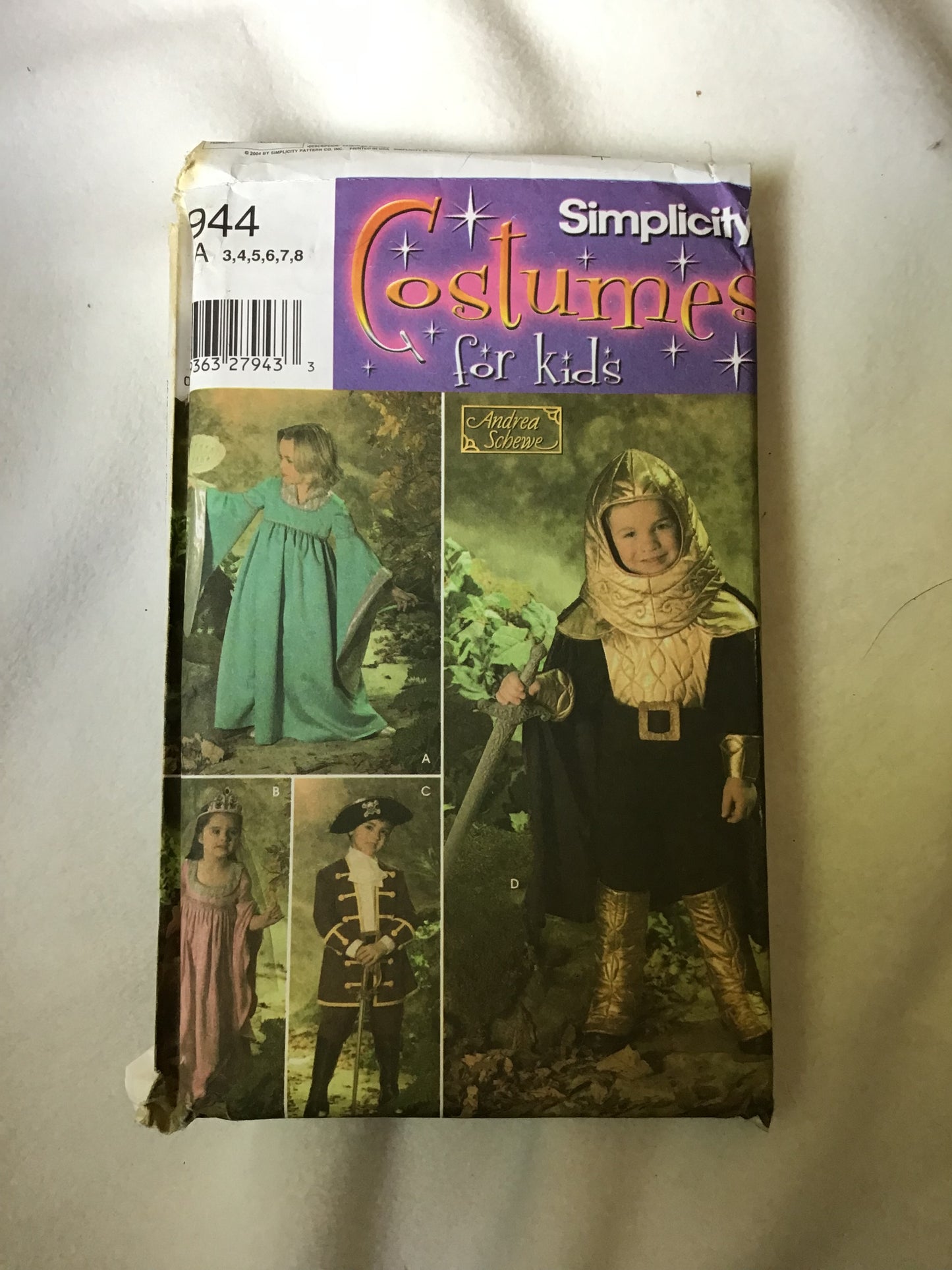 Pattern Simplicity 4944 Renaissance Knight, Princess & Pirate Child's Costume Size 3-8