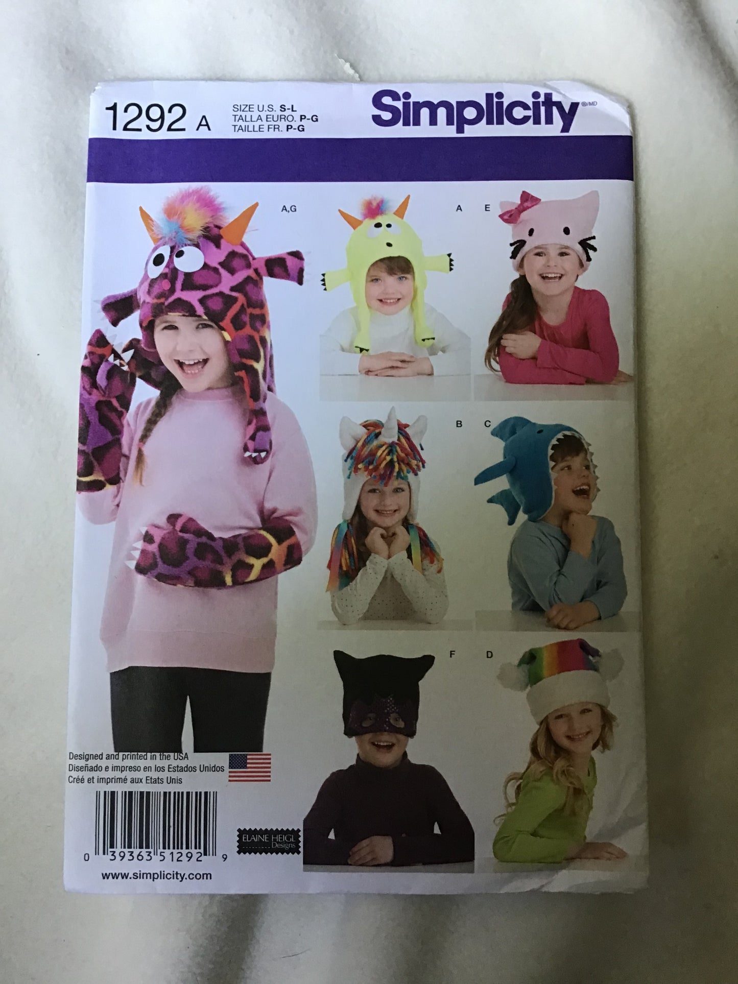 Pattern Simplicity 1292 Children's Animal Hats & Mittens Size S-L