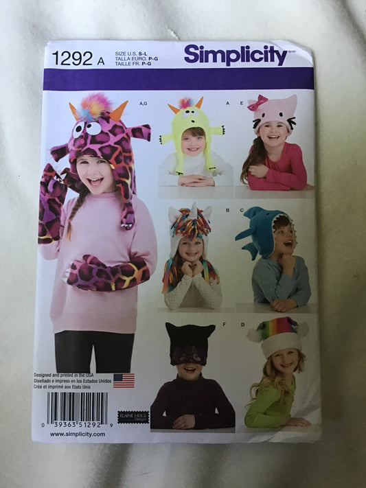 Pattern Simplicity 1292 Children's Animal Hats & Mittens Size S-L