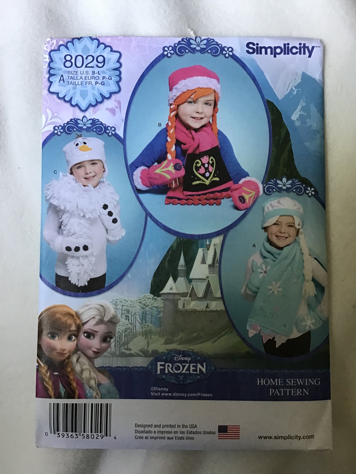 Pattern Simplicity 8029 Children's Disney Frozen Hats, Scarfs & Mittens Size S-L