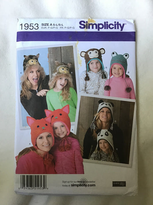 Pattern Simplicity 1953 Adult & Children's Fleece Animal Hats Size S-L