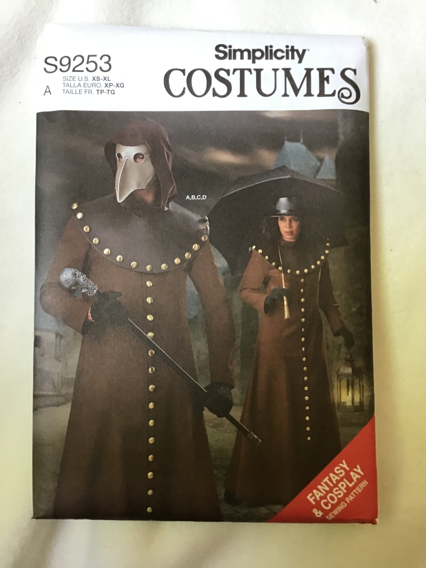Pattern Simplicity Costumes S9253 Unisex Coat, Hood, Collar and Mask Size XS-XL