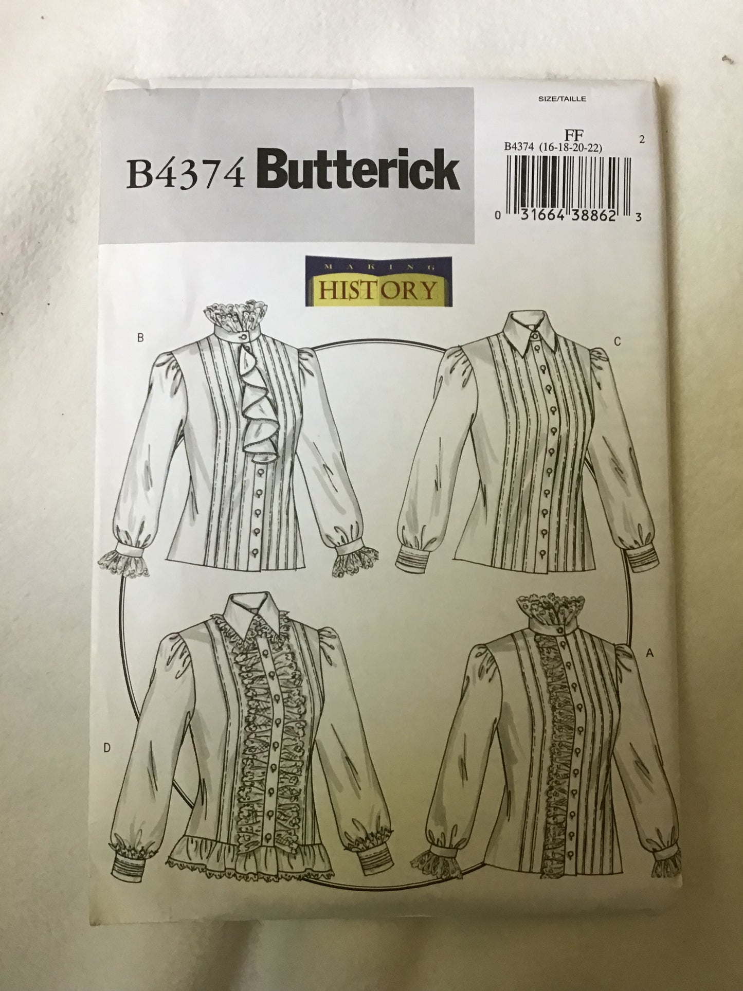 Pattern Butterick B4374 Making History Women's Romantic Blouse Size 16-22