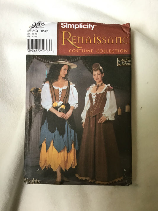 Pattern Simplicity 5922 Renaissance Women's Costume Collection Size 12-20 OOP Rare