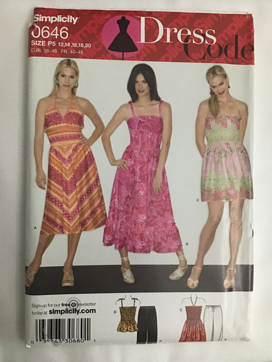 Pattern Simplicity 0646 Dress Code Women's Dresses, Top and Capri Pants Size 12-20