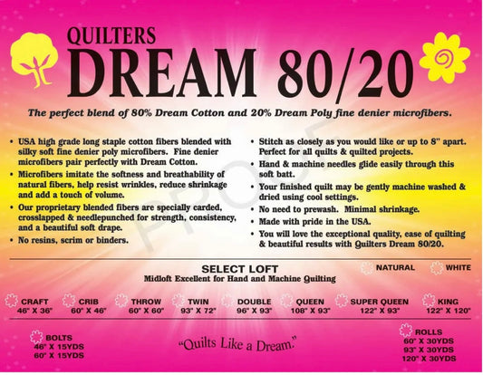 Batting 80/20 Quilters Dream By the Inch